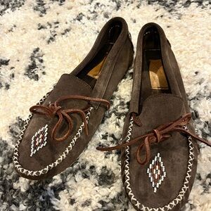 Vibram Dark Brown Suede Loafers with Beaded Accent